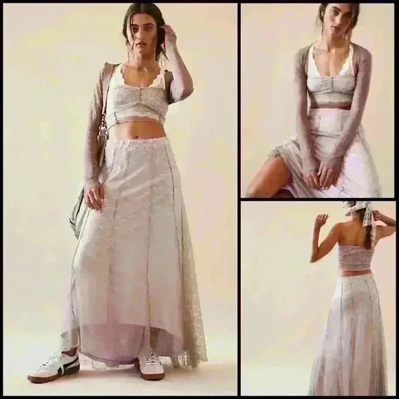 Free People Dresses & Skirts - Free People Shape Up Your Set Boho Lace Sandy Pink Combo Fairy Maxi Skirt Size S